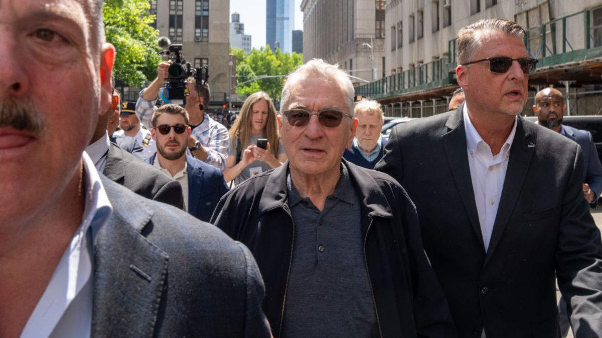 Actor Robert De Niro departs after speaking to the media in front of Manhattan Criminal Court on May 28, 2024 in New York City. Closing arguments begin in former U.S. President Trump's hush money trial. The former president faces 34 felony counts of falsifying business records in the first of his criminal cases to go to trial.