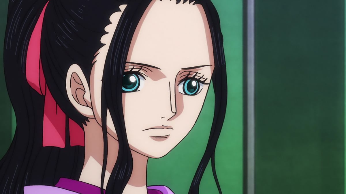 Robin with her hair tied looking serious in One Piece, Wano