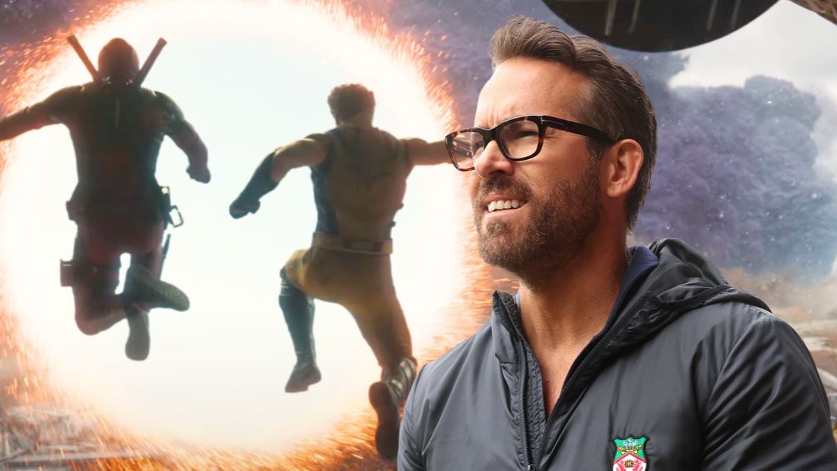 Wade and Logan leap through a portal in Deadpool & Wolverine/Ryan Reynolds, Owner of Wrexham looks on prior to the Vanarama National League match between Wrexham and Boreham Wood at Racecourse Ground on April 22, 2023
