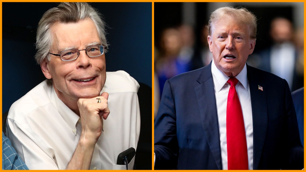 Author Stephen King visits the SiriusXM Studios on September 26, 2017 in New York City/U.S. President Donald Trump arrives for his criminal trial at Manhattan Criminal Court on May 28, 2024 in New York City