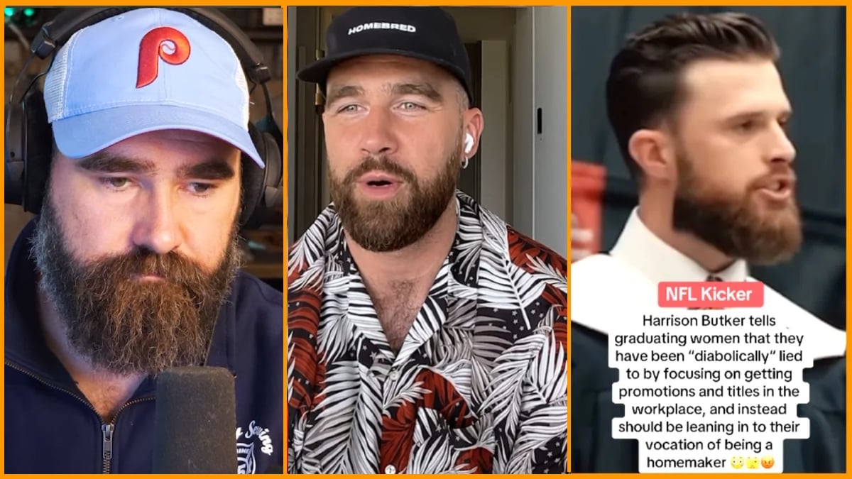 Jason and Travis Kelce from their New Heights podcast with Harrison Butker's speech