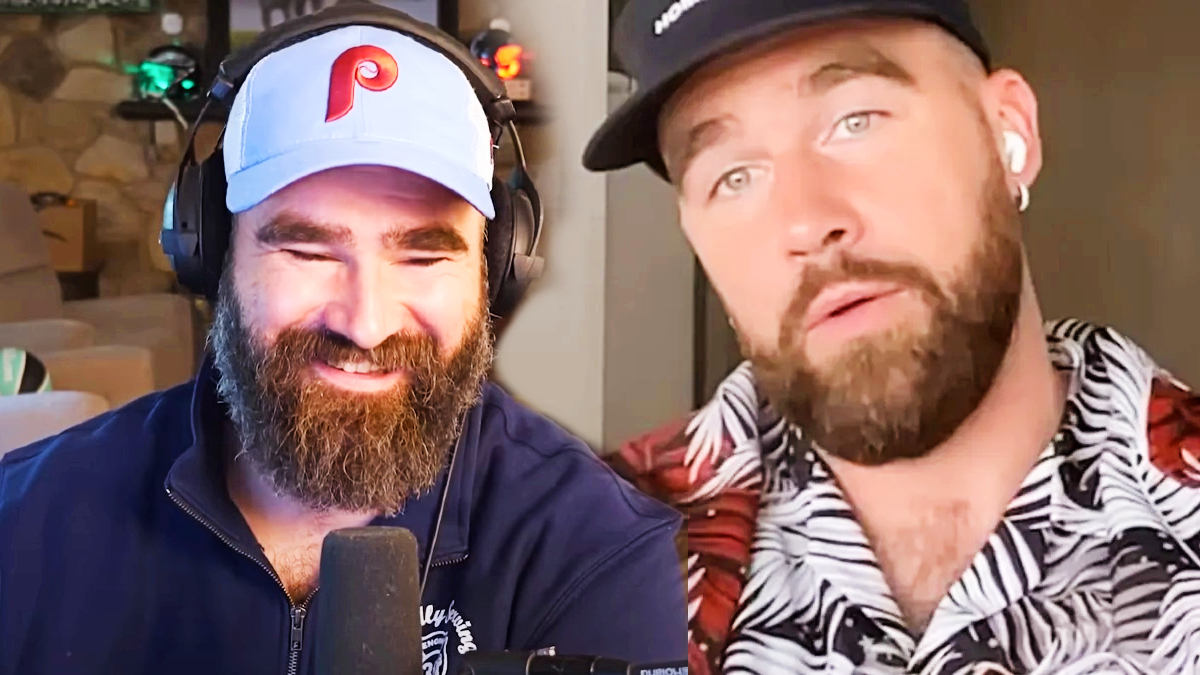 Jason and Travis Kelce on an episode of their podcast New Heights