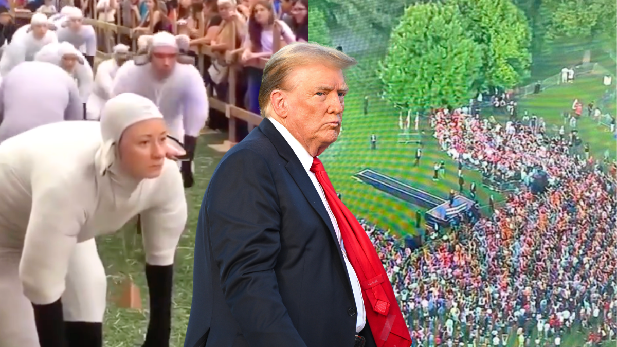 Donald Trump looking surly over low rally attendance while humans pretend to be sheep behind him and a few people show up to his Bronx rally on May 23, 2024