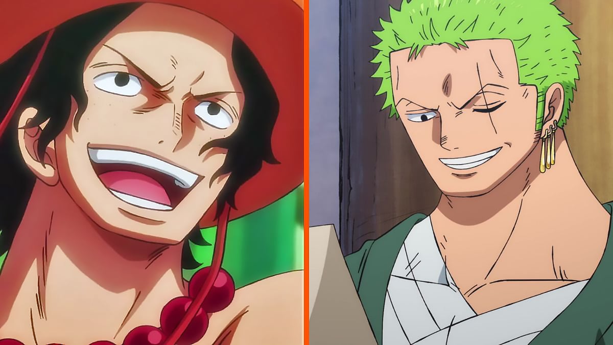 An image of Ace smiling in a flashback, next to an image of Zoro smiling looking at his bounty, One Piece