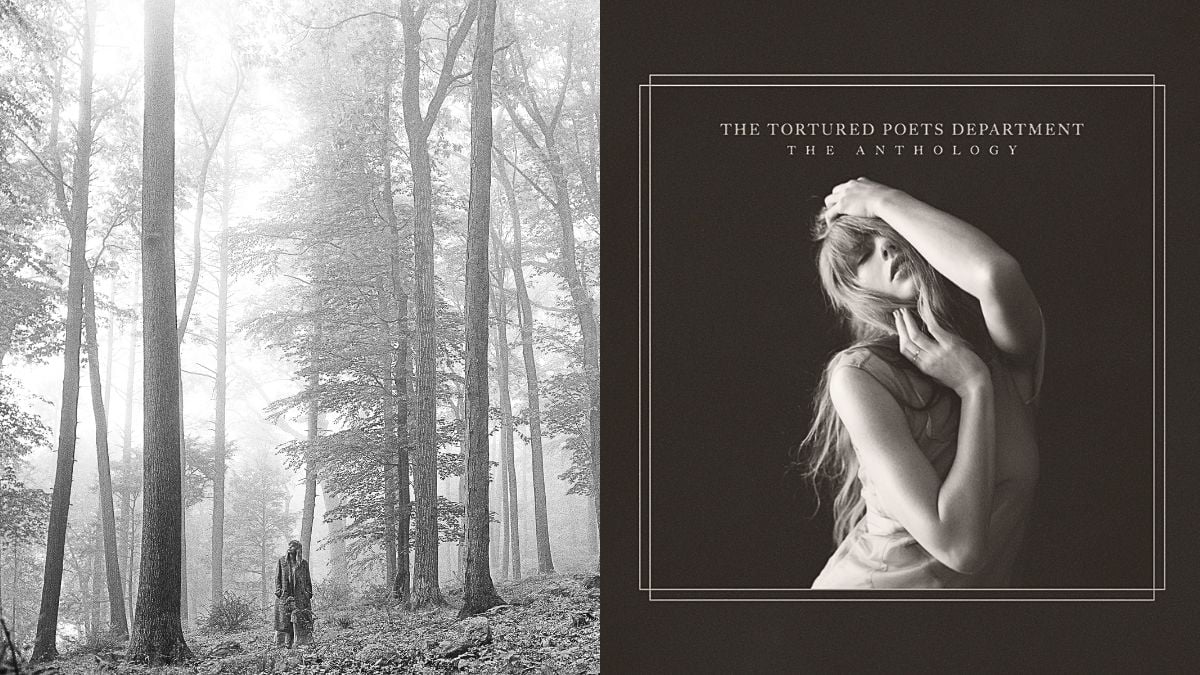 Album covert art of Taylor Swift's 'folklore' and 'The Tortured Poets Department'.