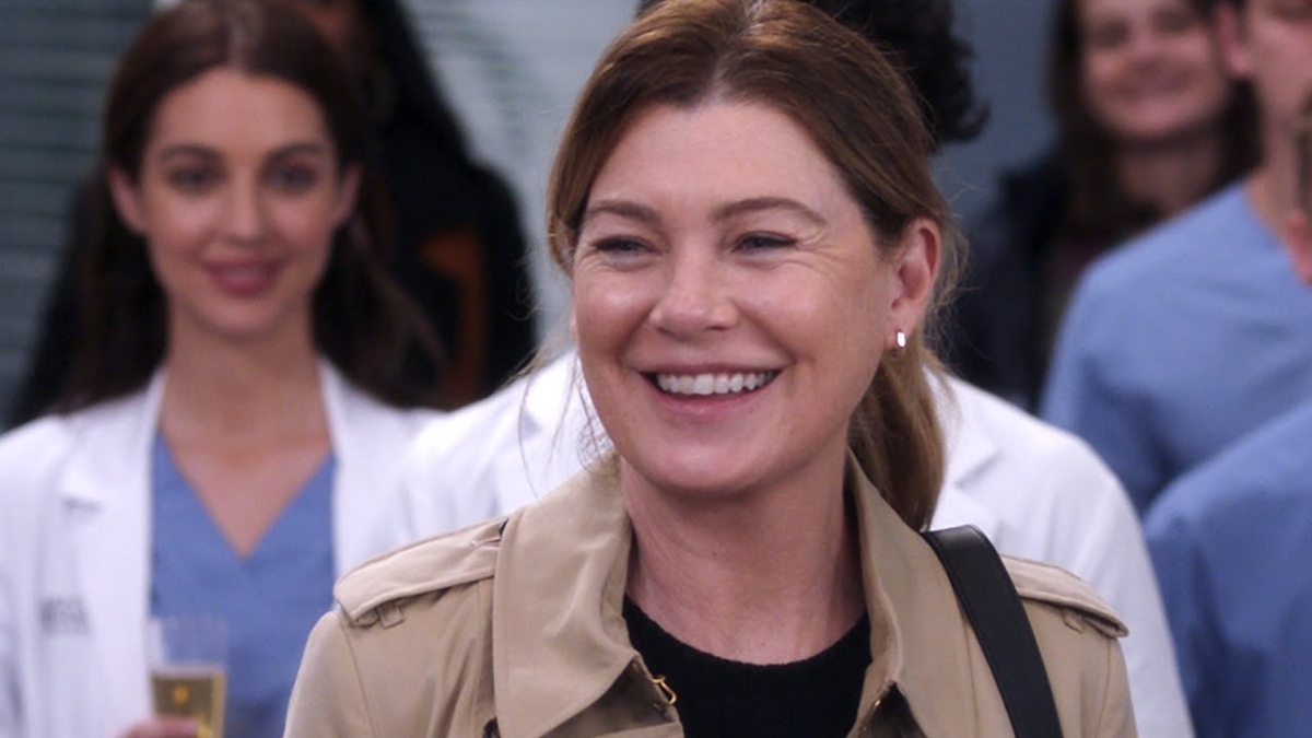 Ellen Pompeo smiling as Meredith Grey on Grey's Anatomy