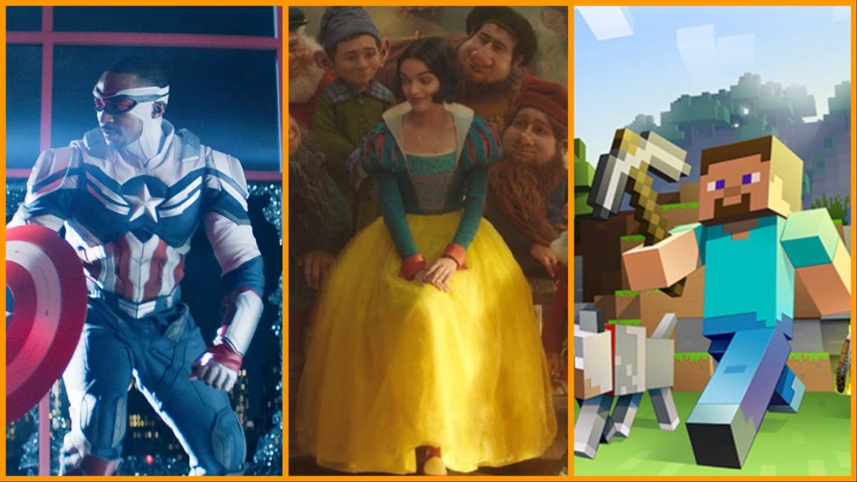 Captain America, Snow White, and Steve from Minecraft in three separate photos