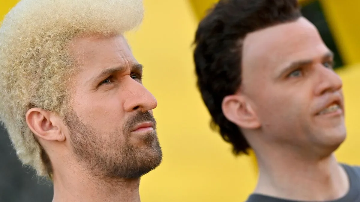 closeup of Ryan Gosling and Mikey Day dressed as the Beavis and Butthead characters