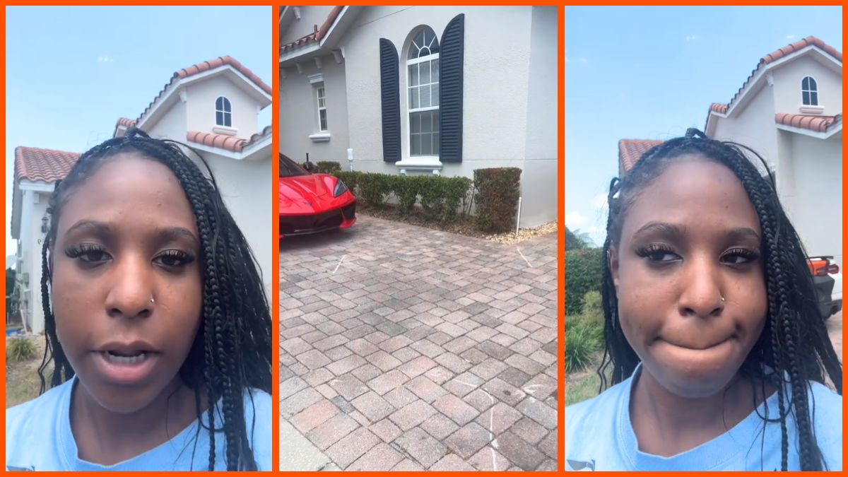 Side by side images of a driveway and a woman speaking to her phone camera.