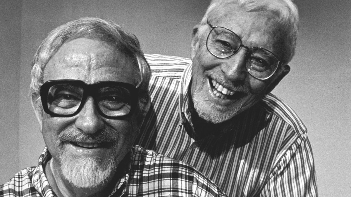 Tom Jones and Harvey Schmidt posing together in a black and white photograph