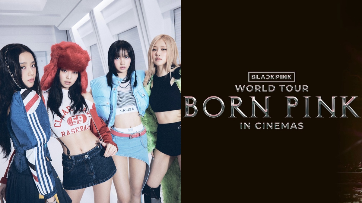 A split image of the K-pop group BLACKPINK posing, and the cover art for the ‘BLACKPINK: Born Pink World Tour’ film