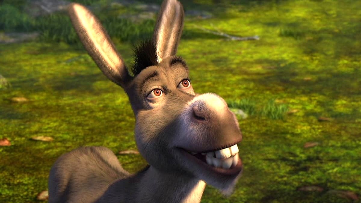 Donkey smiling to Shrek in one of the movies.