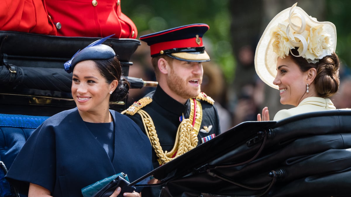 Prince Harry, Duke of Sussex. Meghan, Duchess of Sussex and Catherine, Duchess of Cambridge ride by carriage down the Mall during Trooping The Colour, the Queen's annual birthday parade, on June 08, 2019 in London, England. 