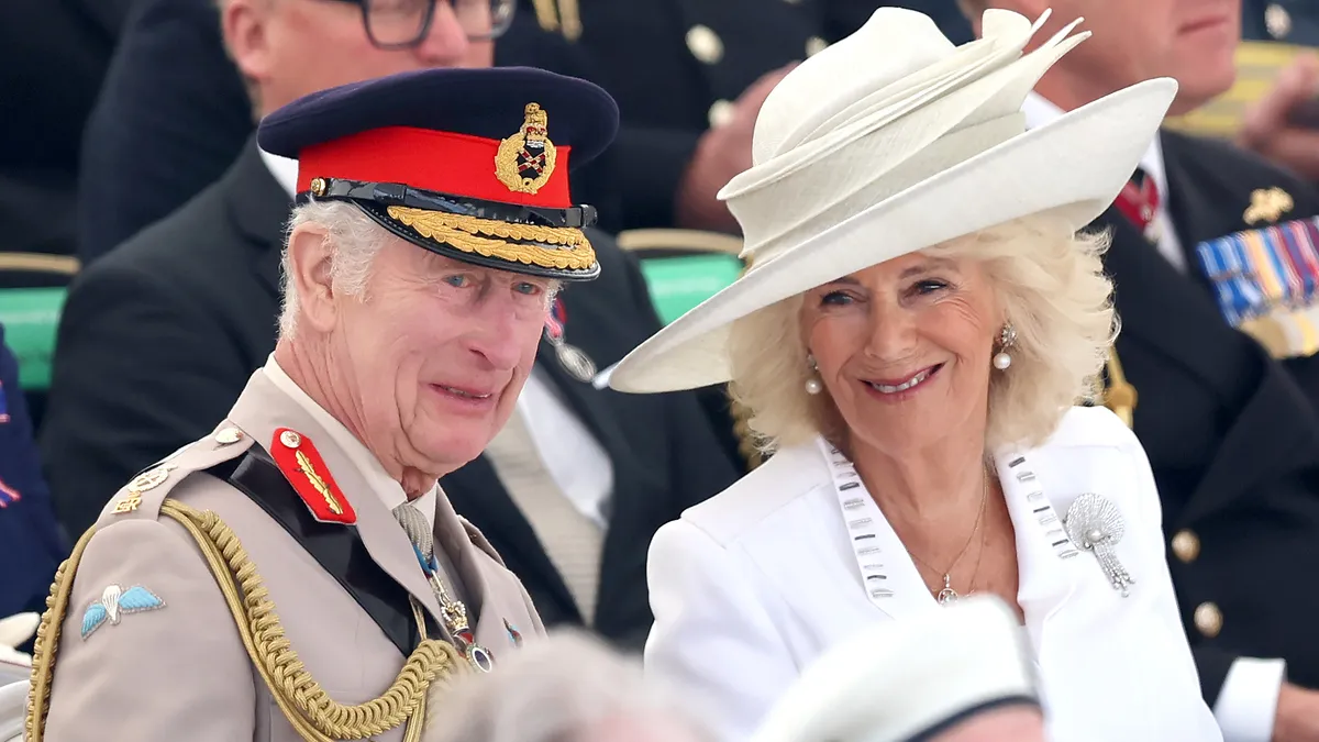 King Charles III and Queen Camilla during the UK Ministry of Defence and the Royal British Legion’s commemorative event at the British Normandy Memorial to mark the 80th anniversary of D-Day on June 06, 2024 in Ver-Sur-Mer, France. Normandy is hosting various events across significant sites such as Pegasus Bridge, Sainte-Mère-Église, and Pointe du Hoc, to officially commemorate the 80th anniversary of the D-Day landings that took place on June 6, 1944.