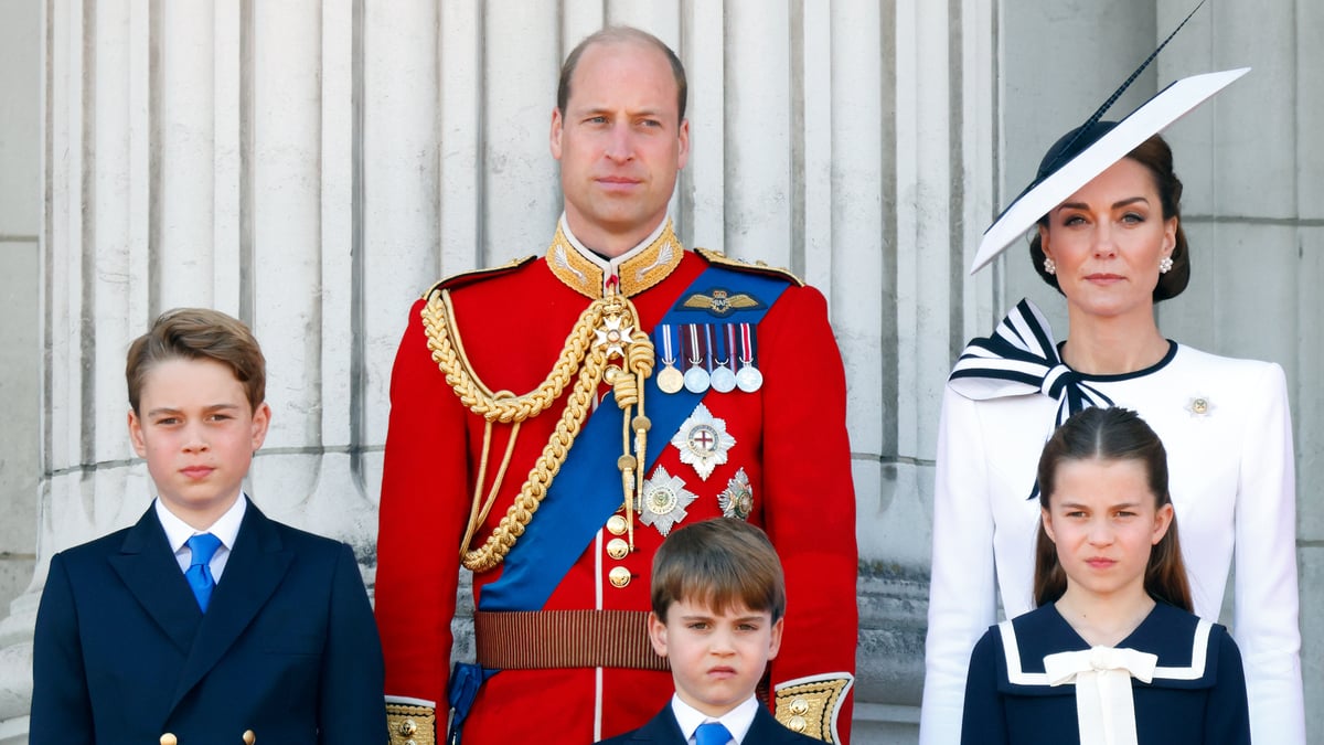 LONDON, UNITED KINGDOM - JUNE 15: Prince George of Wales, Prince William, Prince of Wales (Colonel of the Welsh Guards), Prince Louis of Wales, Princess Charlotte of Wales and Catherine, Princess of Wales watch an RAF flypast from the balcony of Buckingham Palace after attending Trooping the Colour on June 15, 2024 in London, England. Trooping the Colour, also known as The King's Birthday Parade, is a military ceremony to mark the official birthday of the British Sovereign. The ceremony takes place at Horse Guards Parade followed by a flypast over Buckingham Palace and was first performed in the mid-17th century during the reign of King Charles II. The parade features all seven regiments of the Household Division with Number 9 Company, Irish Guards being the regiment this year having their Colour Trooped.