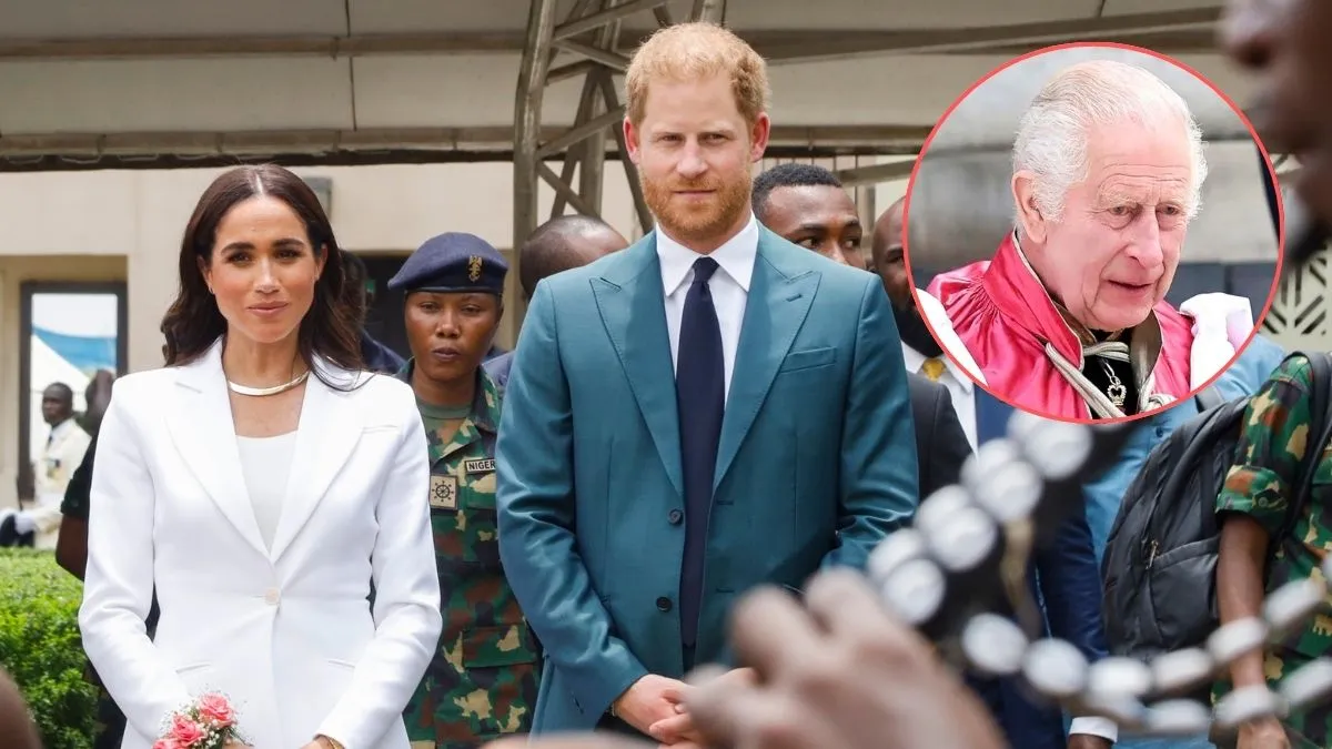 Prince Harry, Duke of Sussex and Meghan, Duchess of Sussex meet with the Chief of Defence Staff of Nigeria at the Defence Headquarters in Abuja on May 10, 2024 in Abuja, Nigeria./King Charles walks down the steps of St. Paul's Cathedral