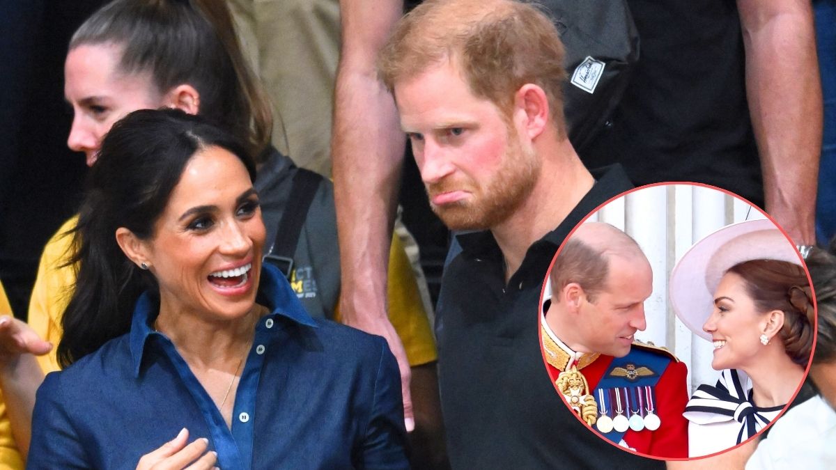Prince Harry, Duke of Sussex and Meghan, Duchess of Sussex attend the sitting volleyball final during day six of the Invictus Games Düsseldorf 2023 on September 15, 2023/Prince William, Prince of Wales and Catherine, Princess of Wales on the balcony during Trooping the Colour at Buckingham Palace on June 15, 2024 in London, England