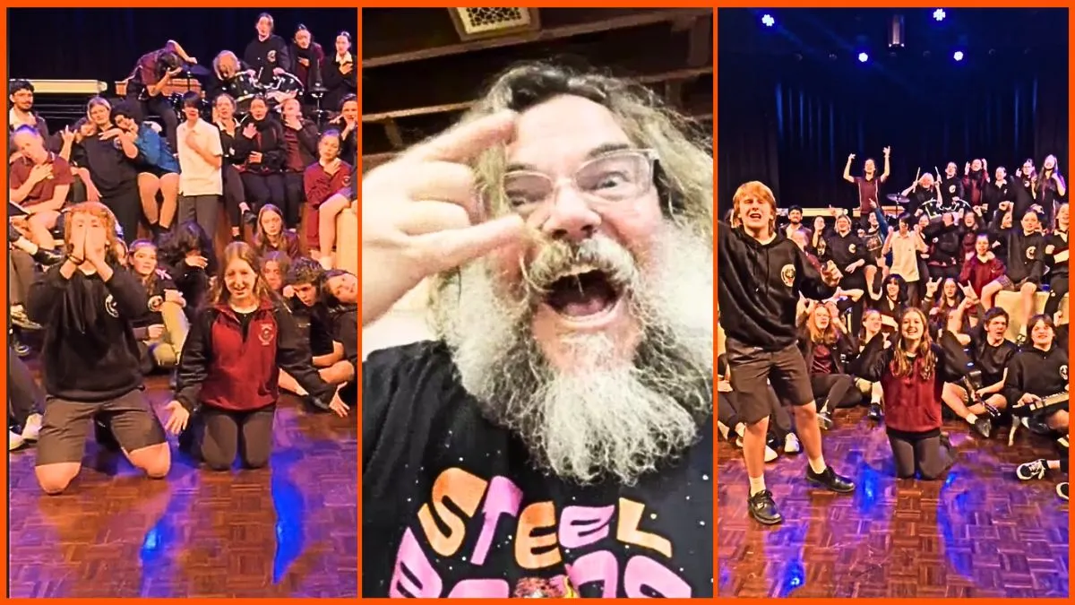 Screengrabs from Ringwood SC Production's TikTok account of students and Jack Black.