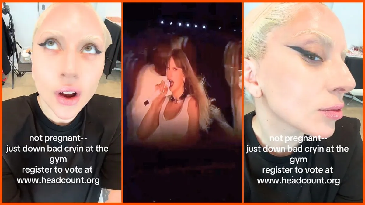 Screengrabs of Lady Gaga's video on TikTok and Taylor Swift performing in Lyon, France.
