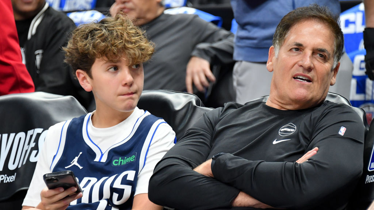 Mark Cuban (R) and Jake Cuban attend a basketball game between the Los Angeles Clippers and the Dallas Mavericks at Crypto.com Arena on April 21, 2024 in Los Angeles, California.