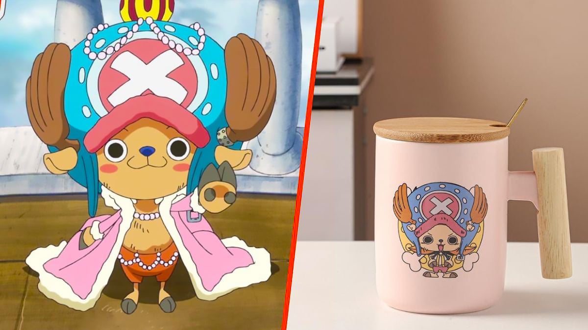 Chopper in na king outfit in One Piece, and an image of a mug with chopper on the design on the right