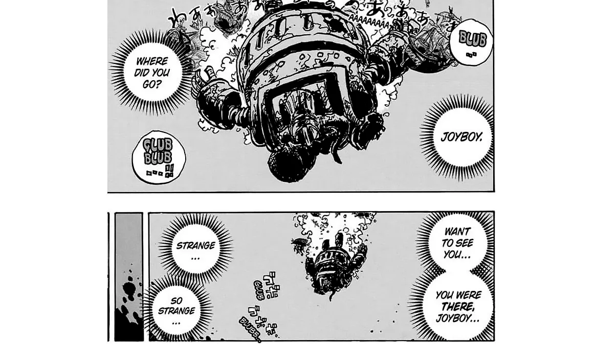 Chapter 1118 of the One Piece manga showing the Iron Giant falling into the ocean