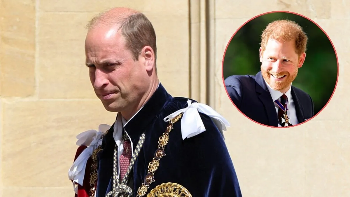 Prince William, the Prince of Wales, leaves following the Order Of The Garter Service at Windsor Castle on June 17, 2024 in Windsor, England. Inset: Prince Harry