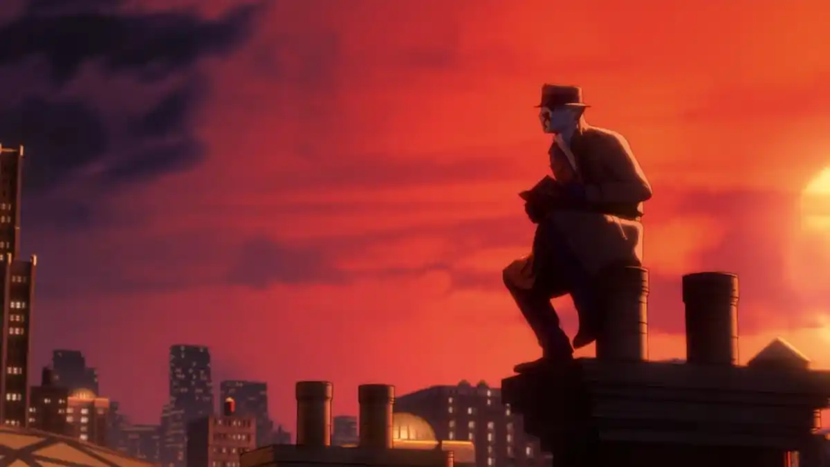 Rorschach sitting on a roof in Watchmen Animated movie.