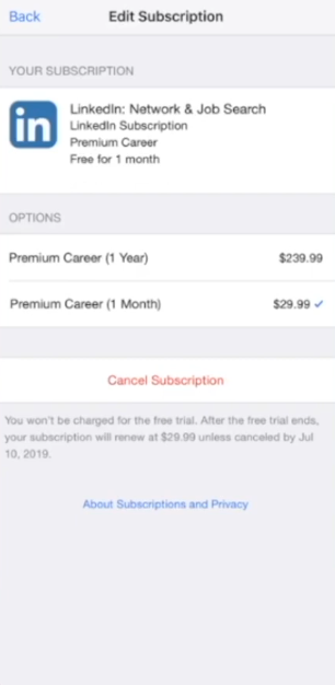 Cancel LinkedIn iOS subscription 