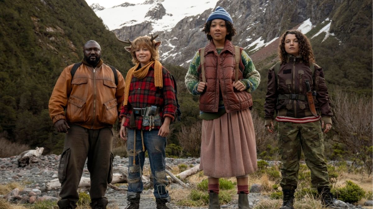Christian Convery as Gus, Nonso Anozie as Big Man/Jepp, Naledi Murray as Wendy, and Stefania LaVie Owen as Bear/Becky in Season 3 of Netflix's Sweet Tooth