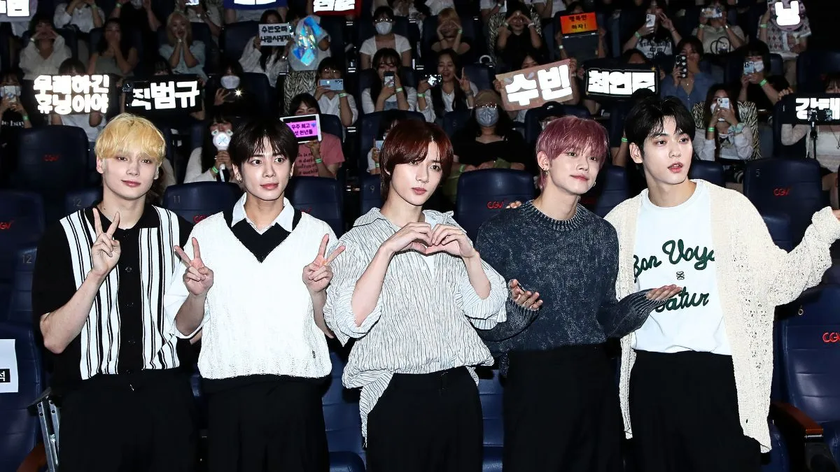 SEOUL, SOUTH KOREA - JULY 26: : Hueningkai, Taehyun, Beomgyu, Yeonjun and Soobin of boy band TOMORROW X TOGETHER are seen at the 'Tomorrow X Together: Our Lost Summer' special screeing for fans at Yongsan CGV on July 26, 2023 in Seoul, South Korea.