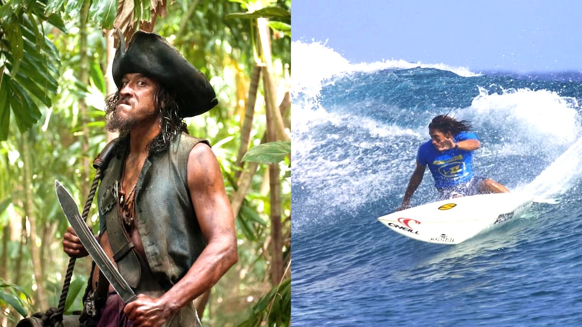Tamayo Perry standing in a shot from Pirates of the Caribbean and surfing in Hawaii.