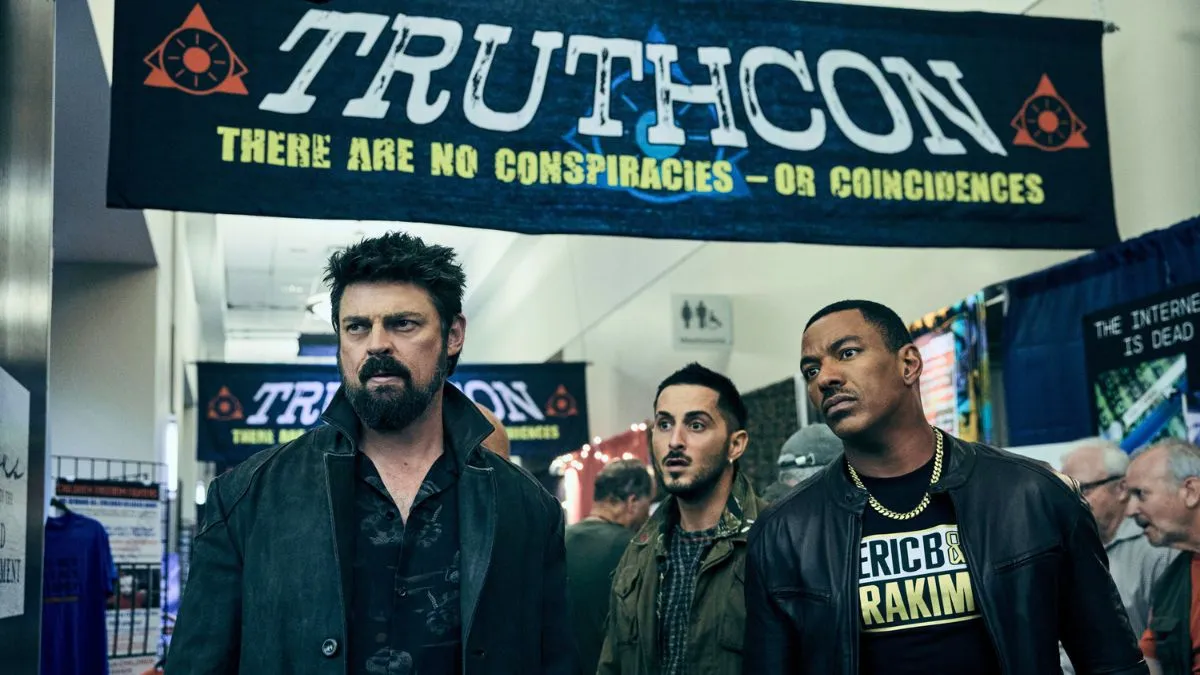 Karl Urban as Billy Butcher, Laz Alonso as Mother's Milk, and Tomer Capon as Frenchie in Season 4 of The Boys