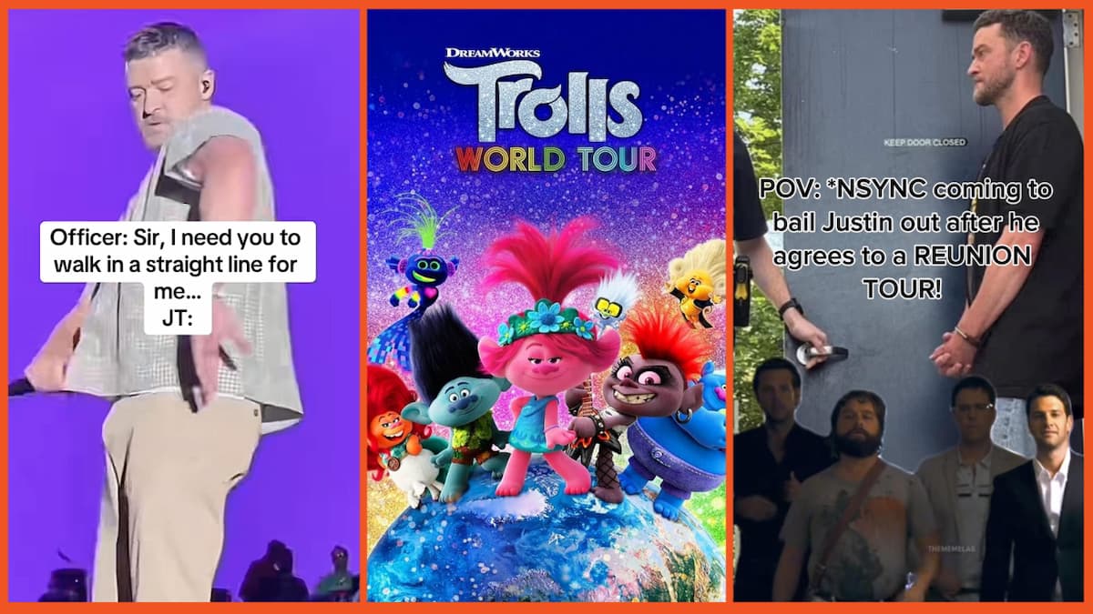 Footage of Justin Timberlake and the Trolls World Tour poster.