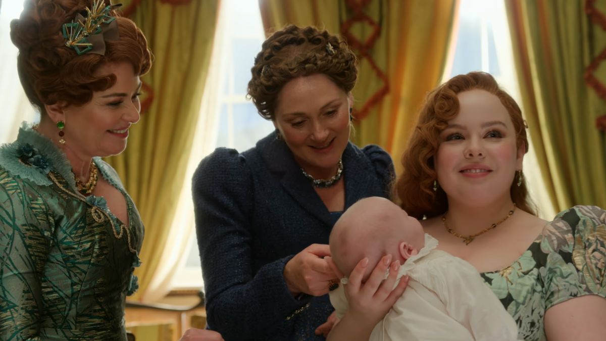Violet Bridgerton, Portia Featherington, and Penelope Bridgerton holding her baby in the Bridgerton season 3 finale