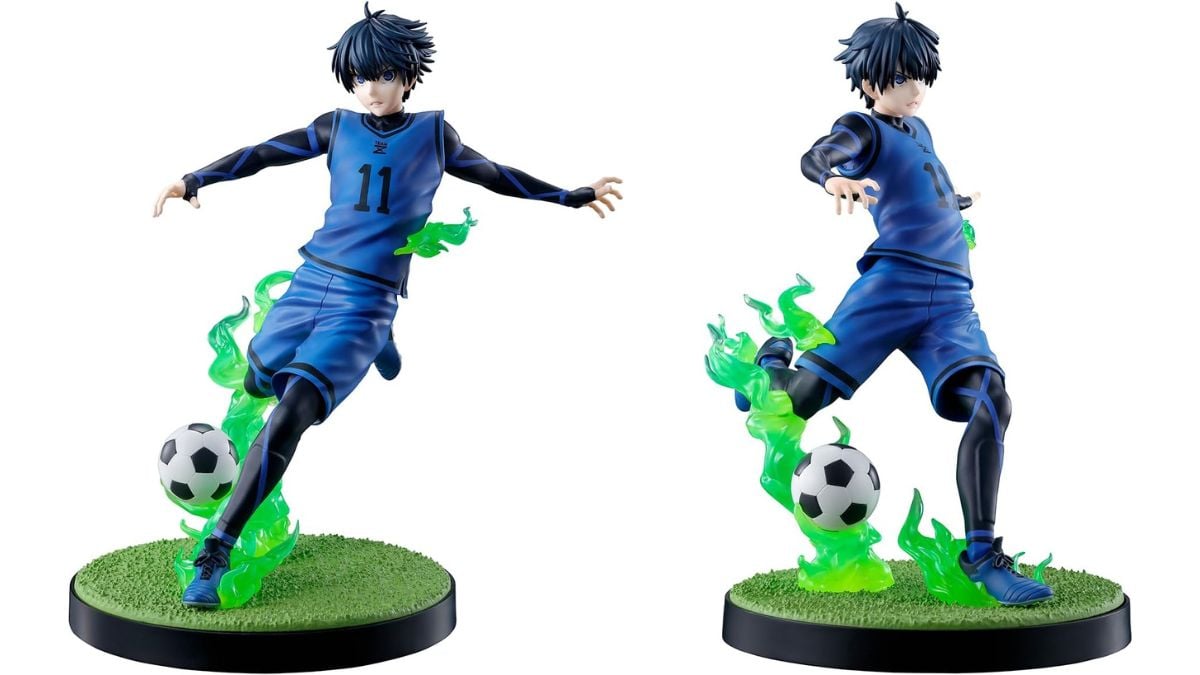 Side by side images of a figure depicting Yoichi Isagi kicking a ball in Blue Lock.