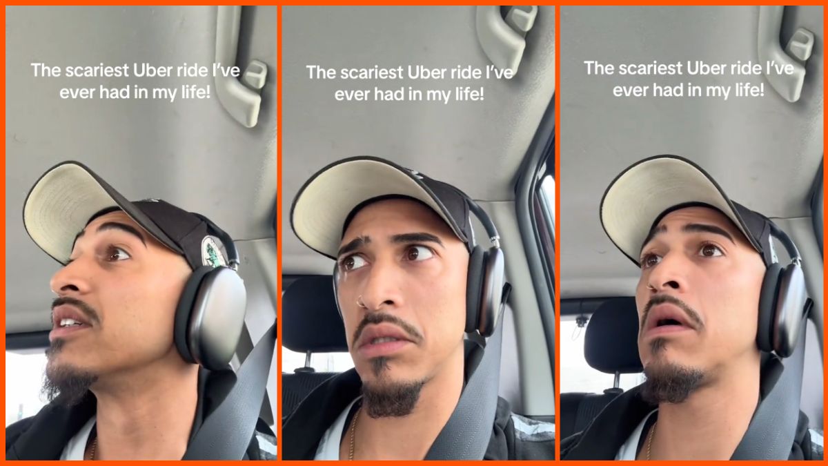 Side by side images of TikToker Justin Silva inside an Uber.