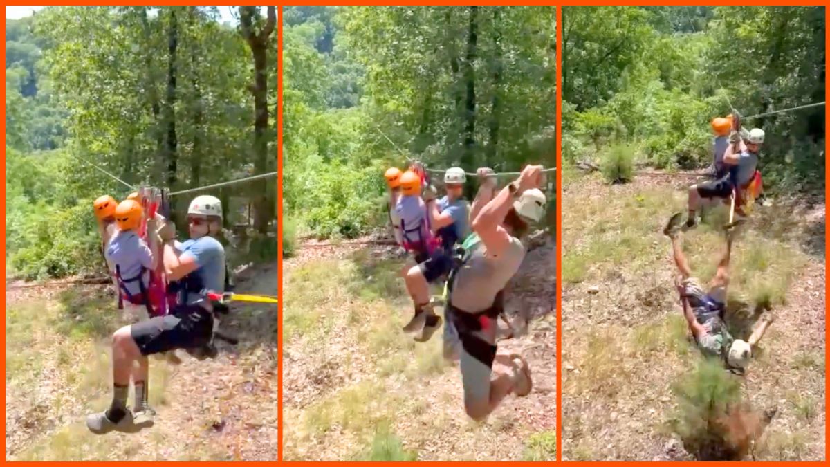 Side by side images of adults ziplining.