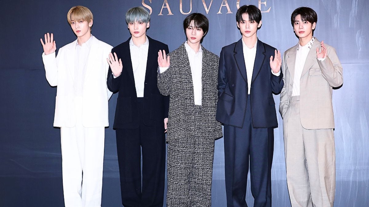 Soobin, Huening Kai, Beomgyu, Yeonjun and Taehyun, members of TOMORROW X TOGETHER are seen at the "Dior Beauty" Sauvage collection launch event at Lotte World Mall on March 11, 2024 in Seoul, South Korea.