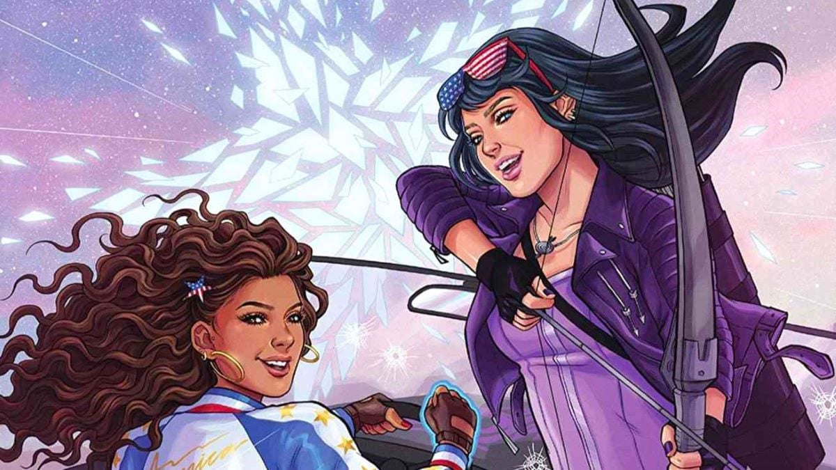 Hawkeye (Kate Bishop) and Ms America (Chavez) smiling in the comics