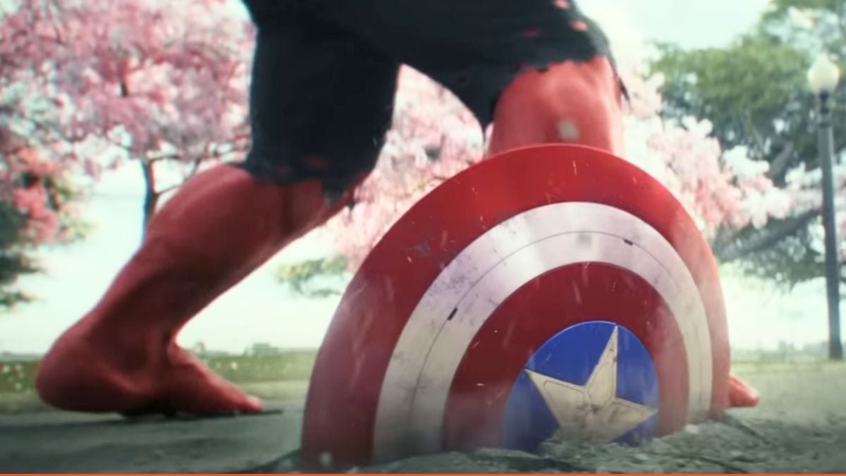 Red Hulk throws Cap's shield into the ground in Captain America: Brave New World