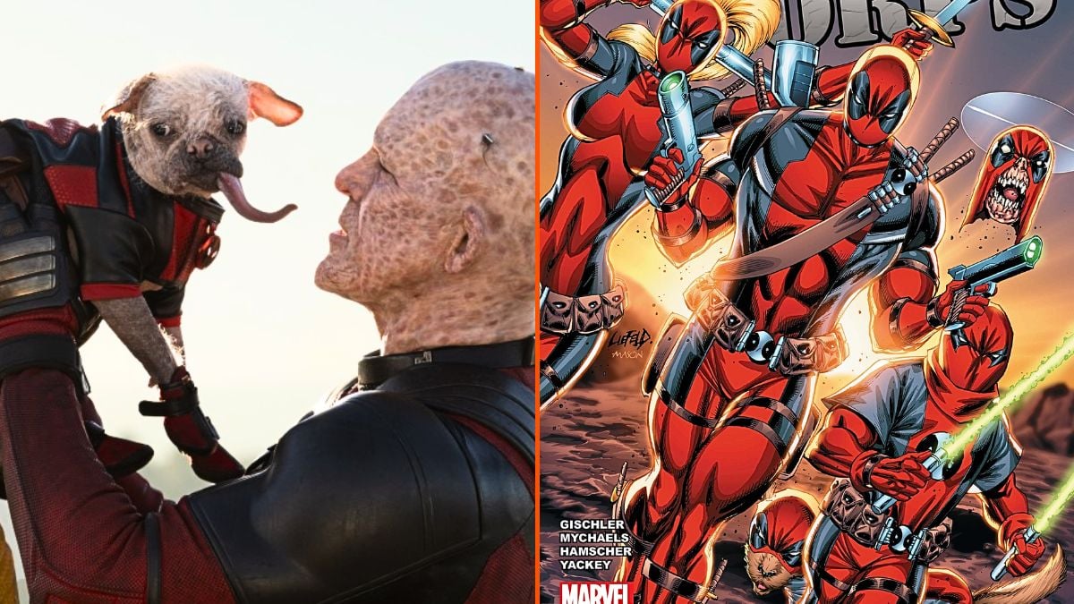 Dogpool and Deadpool in Marvel Studios 'Deadpool & Wolverine' and the cover of Marvel Comics' 'Deadpool Corps'.