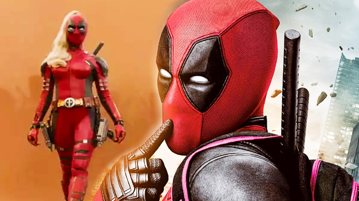 Deadpool with his finger on his lips next to Lady Deadpool in costume