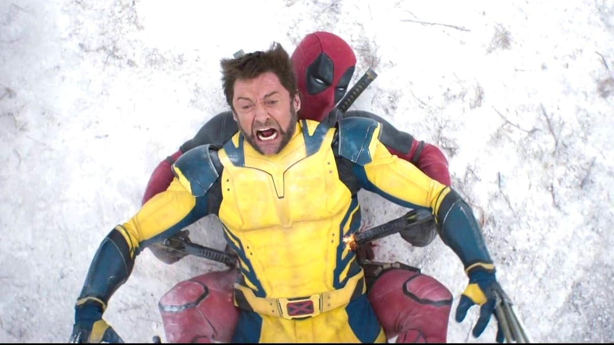 Ryan Reynolds shooting Hugh Jackman in Deadpool & Wolverine