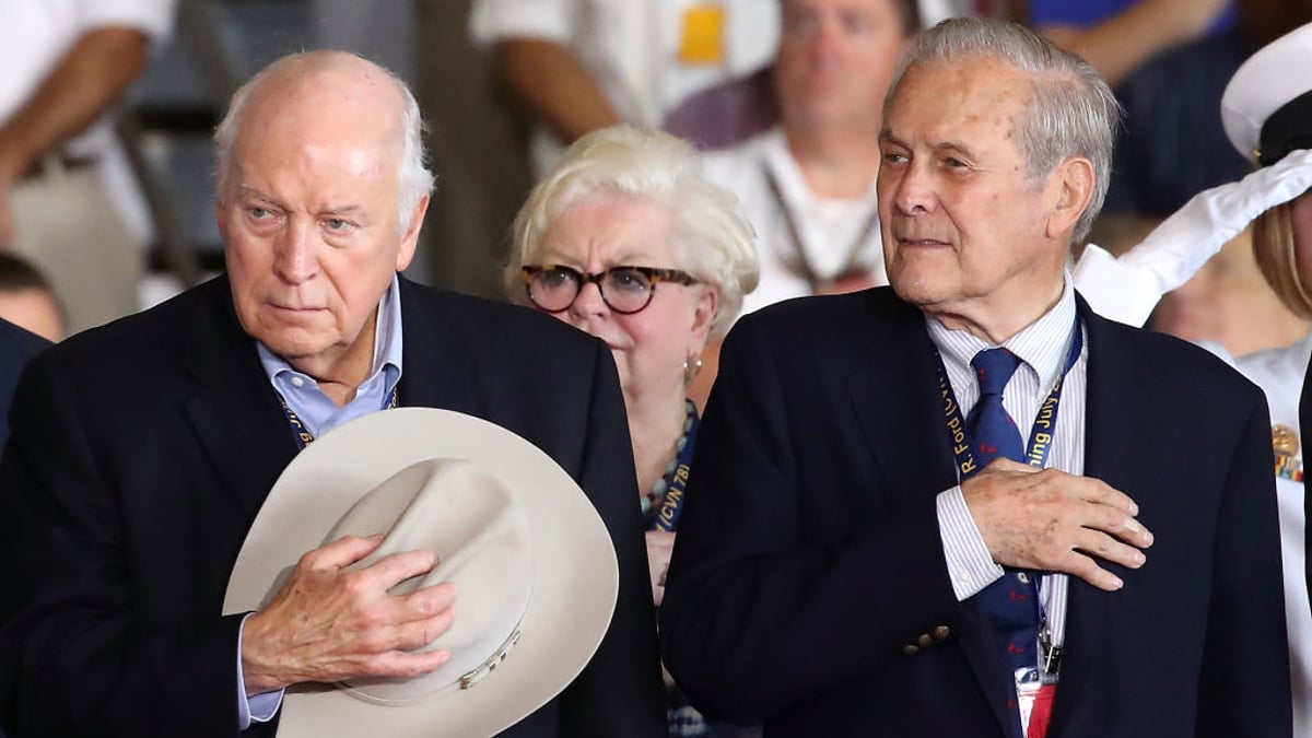 Former Vice President Dick Cheney (L) and former Secretary of Defense Donald Rumsfeld attend a commissioning ceremony on board the USS Gerald R. Ford CVN 78, on July 22, 2017 in Norfolk, Virginia. The keel of the USS Ford was laid in 2009 and is projected to be deployed in the year 2020, powered by two Nuclear reactors and is 1,092 feet long with a 134 foot beam and can carry over 75 aircraft.