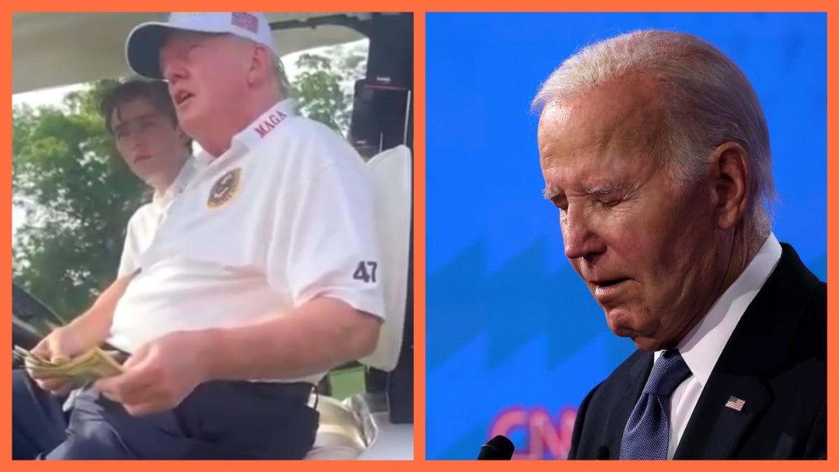 Donald Trump in a golf cart with son Barron/President Joe Biden at the first debate