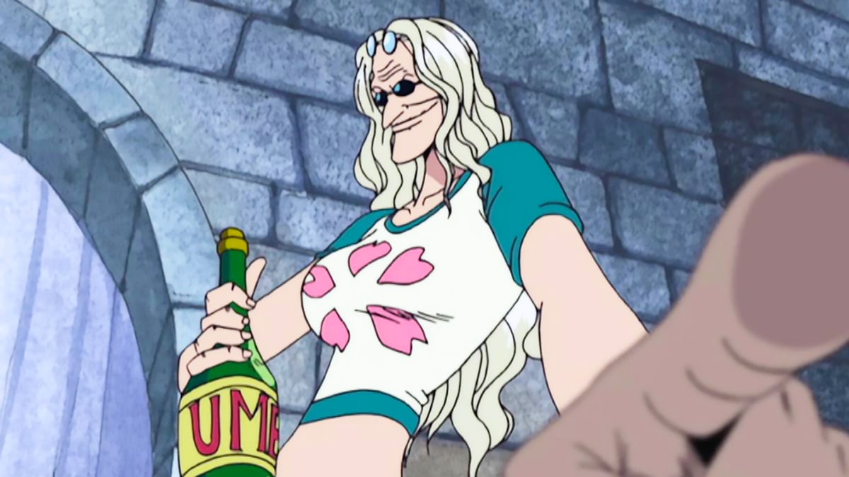 Dr Kureha with a bottle of whisky while pointing at someone in One Piece