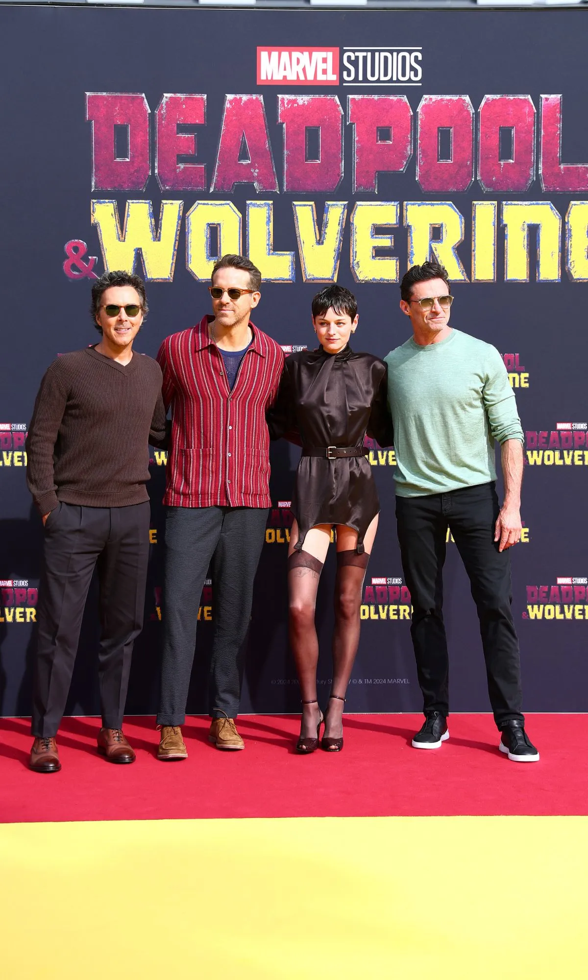 Shawn Levy, Ryan Reynolds, Emma Corrin and Hugh Jackman attend the "Deadpool & Wolverine" Fan Event at Uber Arena on July 07, 2024 in Berlin, Germany.