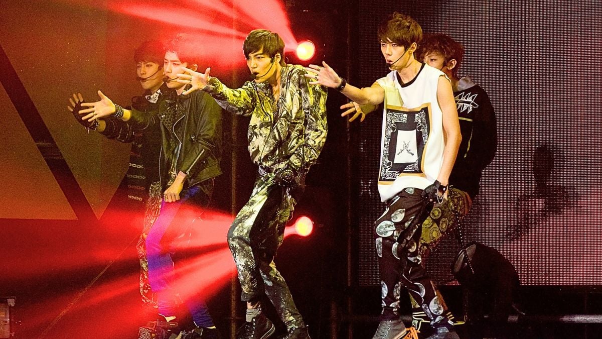 SM Town idol group EXO performs during the "EXO" showcase at Olympic Hall on March 31, 2012 in Seoul, South Korea.