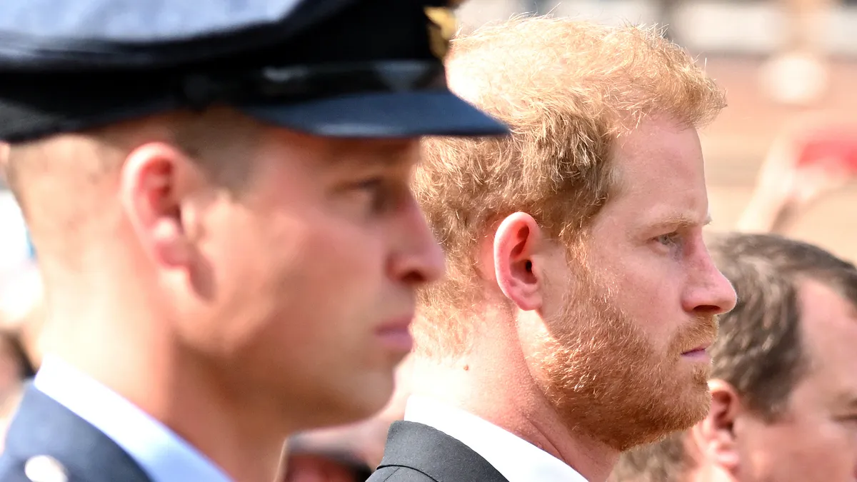 Prince William, Prince of Wales and Prince Harry, Duke of Sussex walk behind the coffin during the procession for the Lying-in State of Queen Elizabeth II on September 14, 2022 in London, England. 